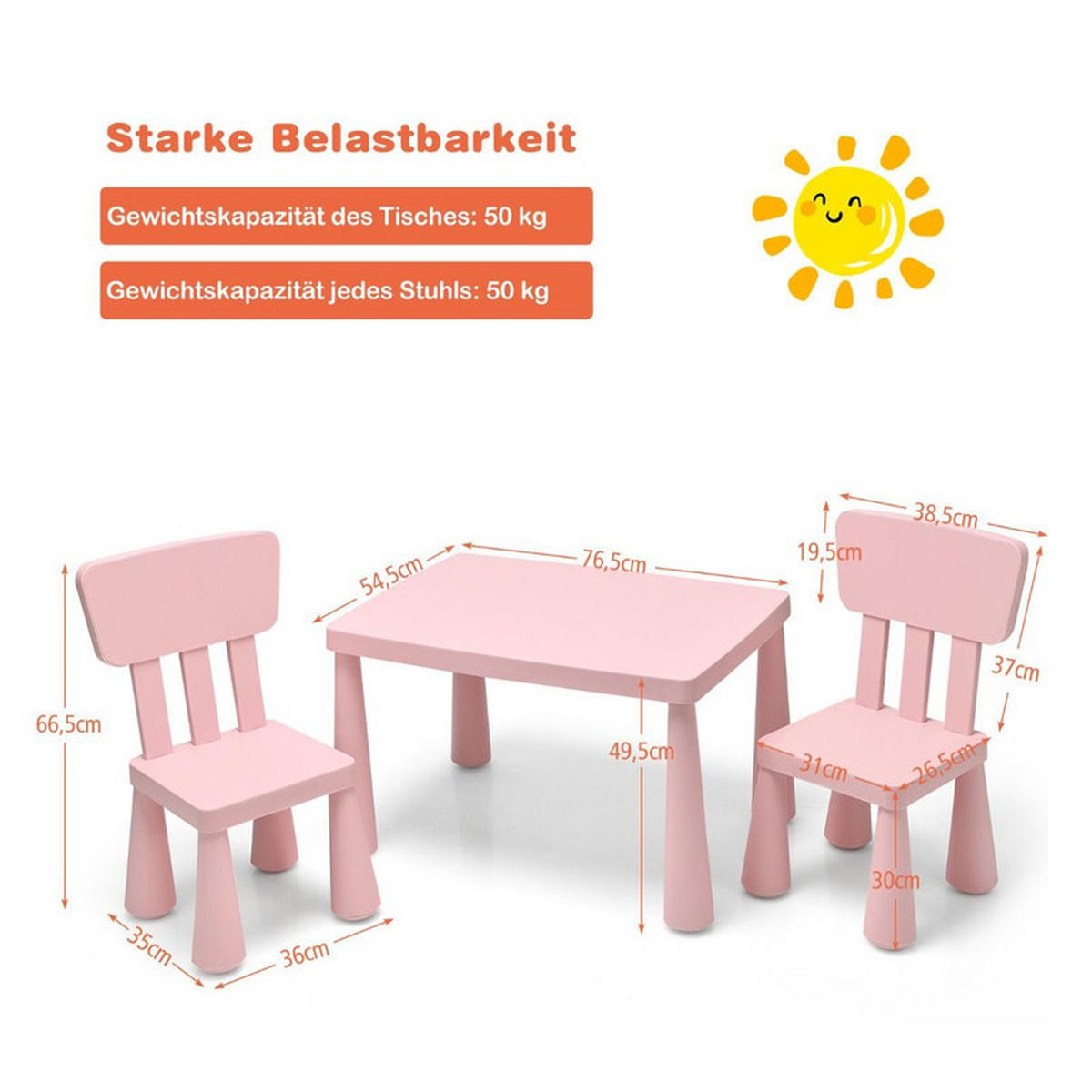 KINDERTISCH mit 2 Stühlen rosa(3-tlg) - Pink, Kunststoff (76.5/49.5/54.5cm) - COSTWAY