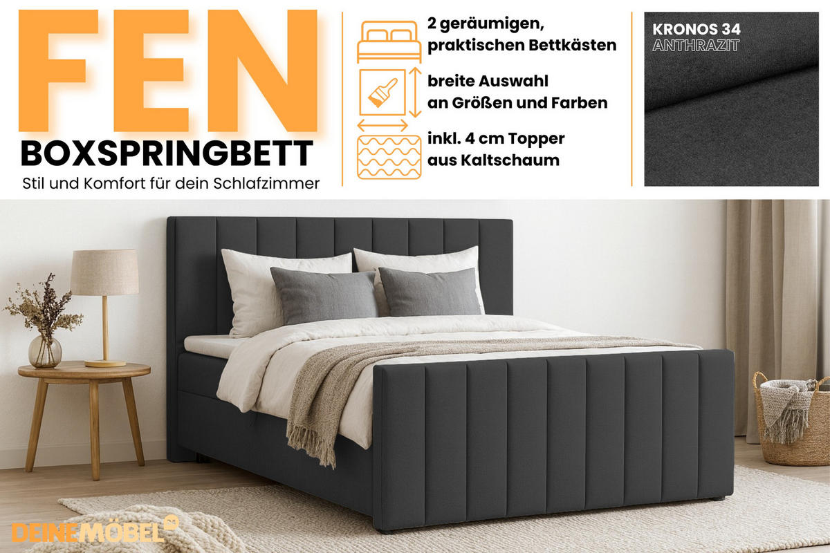 BOXBETT FEN 180/200 Velours Anthrazit mit Taschen-Federkernmatratzen 7 Zonen H4 - Anthrazit, Holz/Holzwerkstoff (180/200cm) - Deine Möbel 24