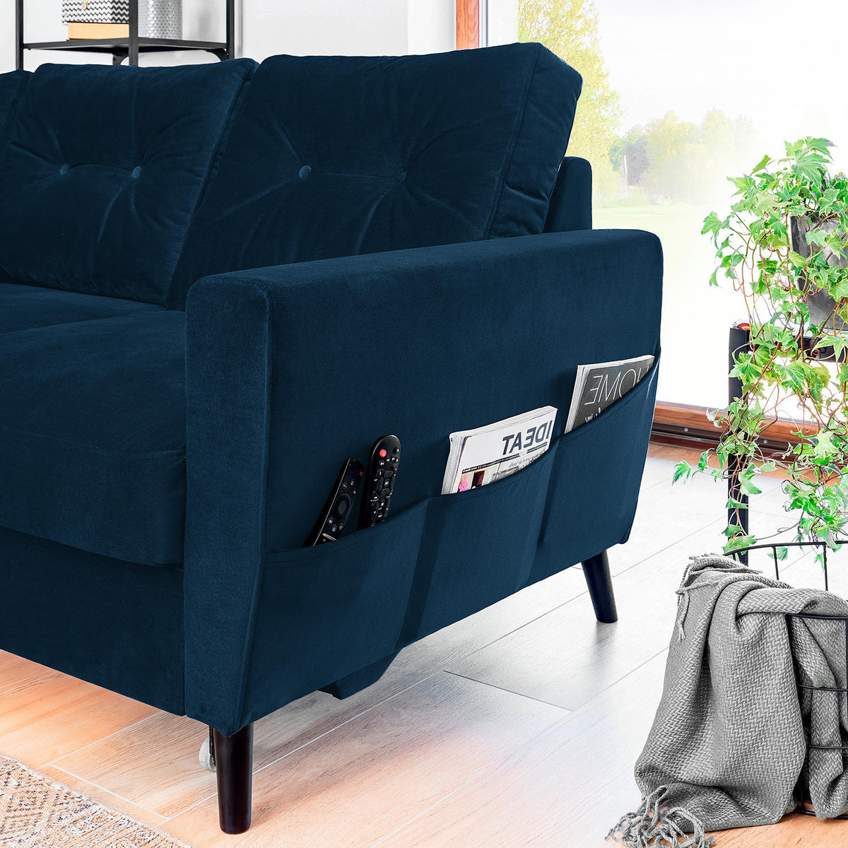 ECKSOFA mit Longchair - Schwarz/Dunkelblau, Buchenholz/Textil (233/148cm) - home24