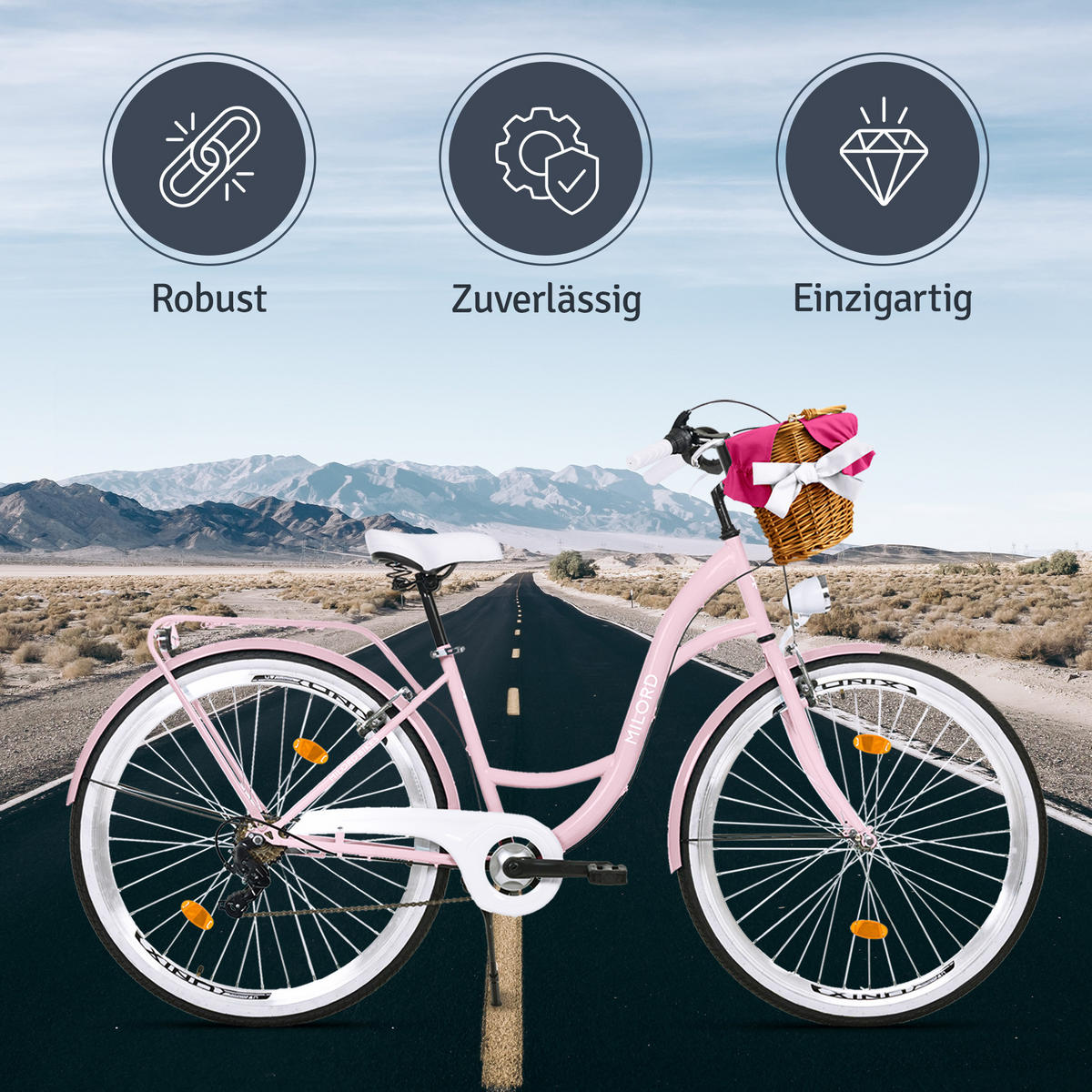 CITY-FAHRRAD Milord mit Weidenkorb, 28 Zoll, Rosa, 7-Gang - Pink, Metall (46cm) - Milordbikes