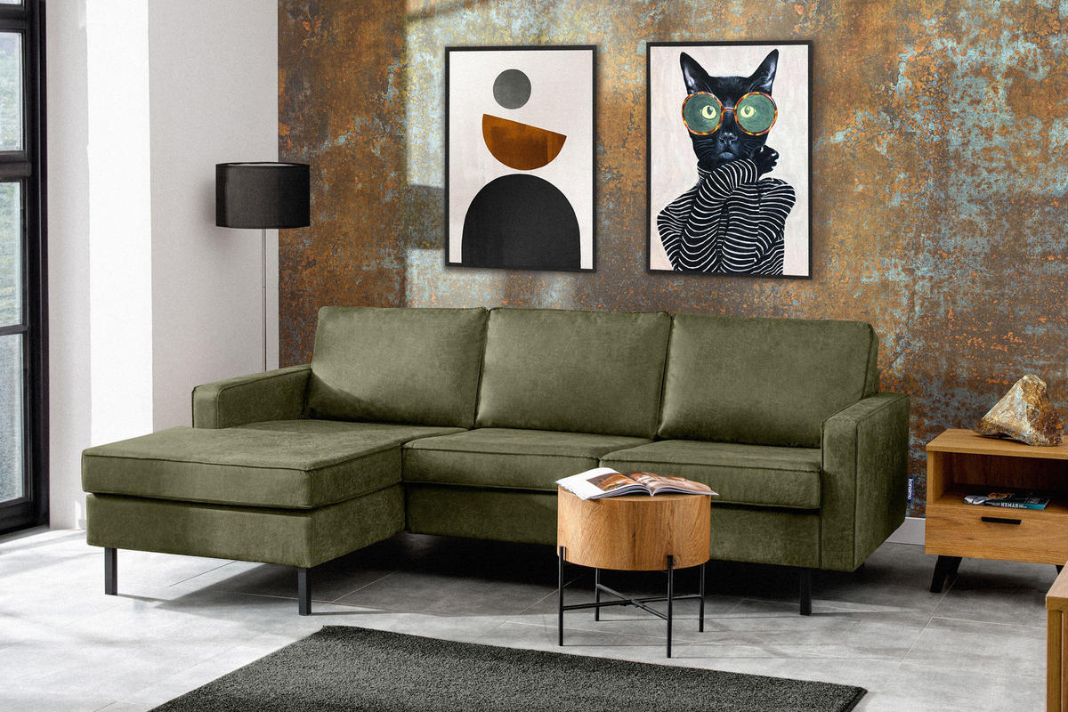 ECKSOFA-LINKS INVIA mit Armlehnen vintage, Lederoptik-Stoff, grün - Schwarz/Grün, Textil (234/160cm) - KONSIMO®