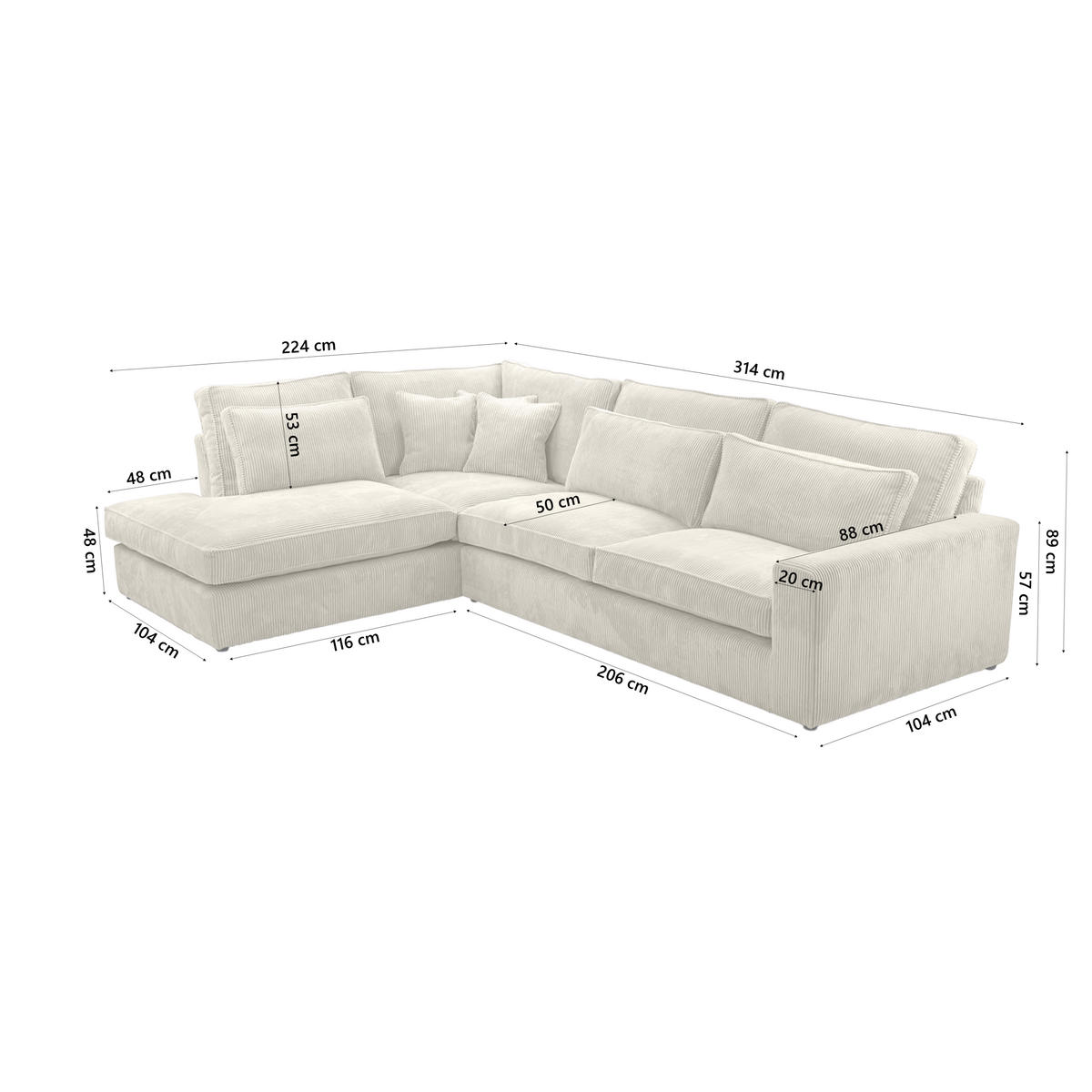 ECKSOFA CAMBO Ohne Schlaffunktion, Creme - Creme, Textil (314/224cm) - Fedve