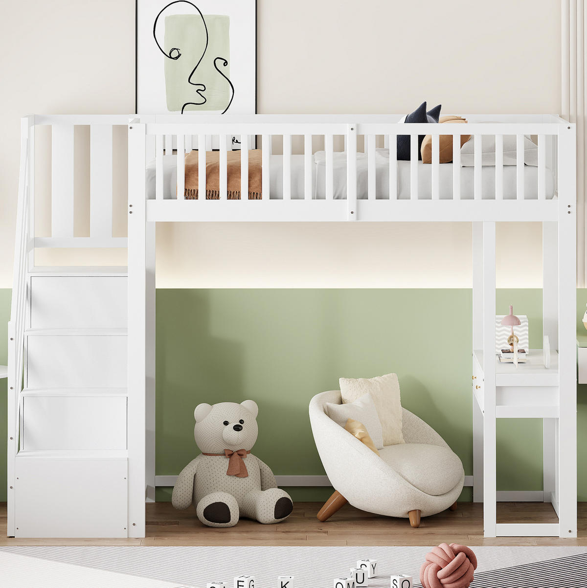 HOCHBETT 90/200 cm mit Multifunktionstisch und Aufbewahrungstreppe Weiß - Weiß, Holz (90/200cm) - MIVRAY