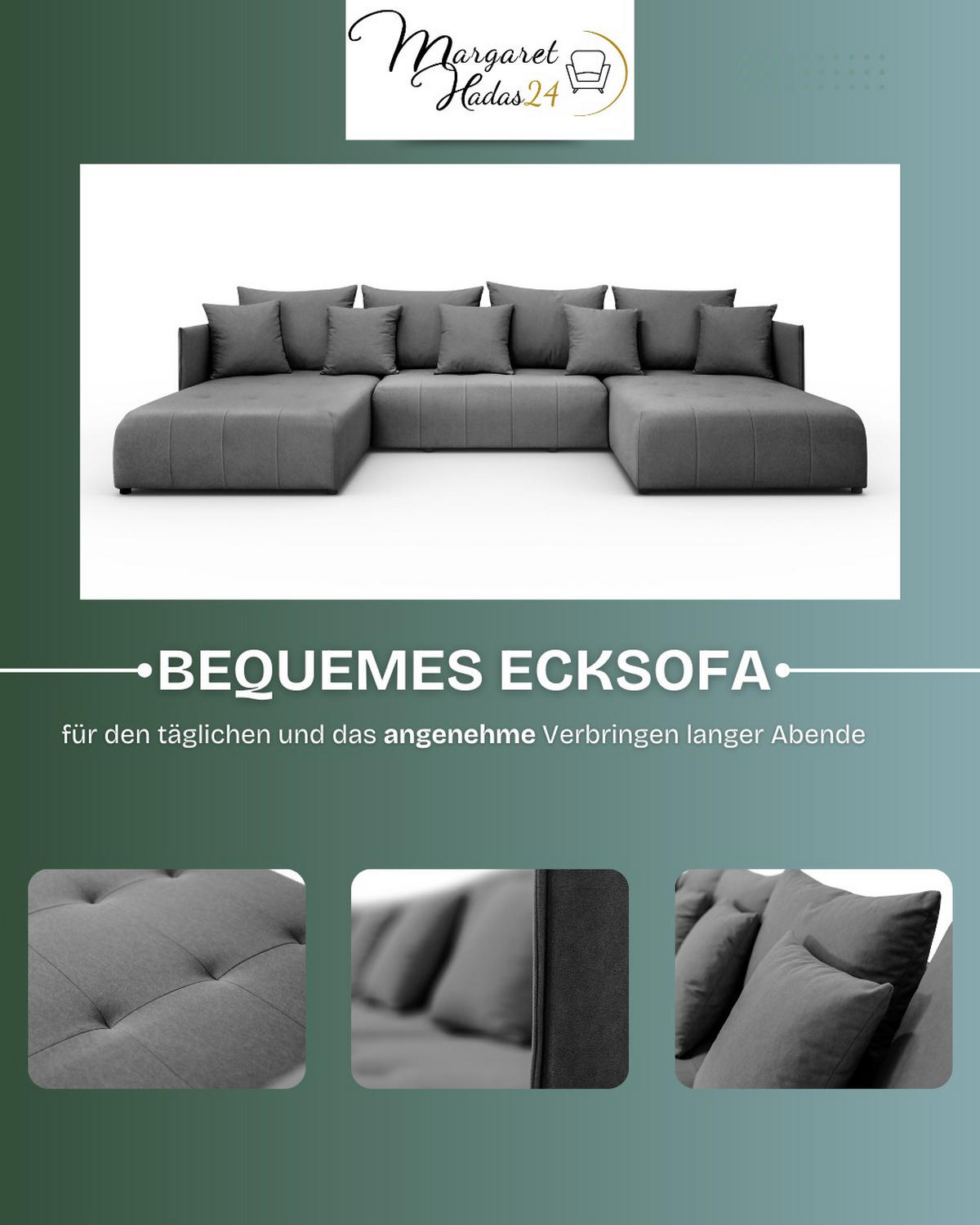 WOHNLANDSCHAFT Hanna in U-Form 348 x 188cm Schlaffunktion Bettkasten, 5 Sitzer, Schlafsofa, dunkelgrau - Dunkelgrau, Kunststoff (348/93/188cm) - Margaret Hadas24