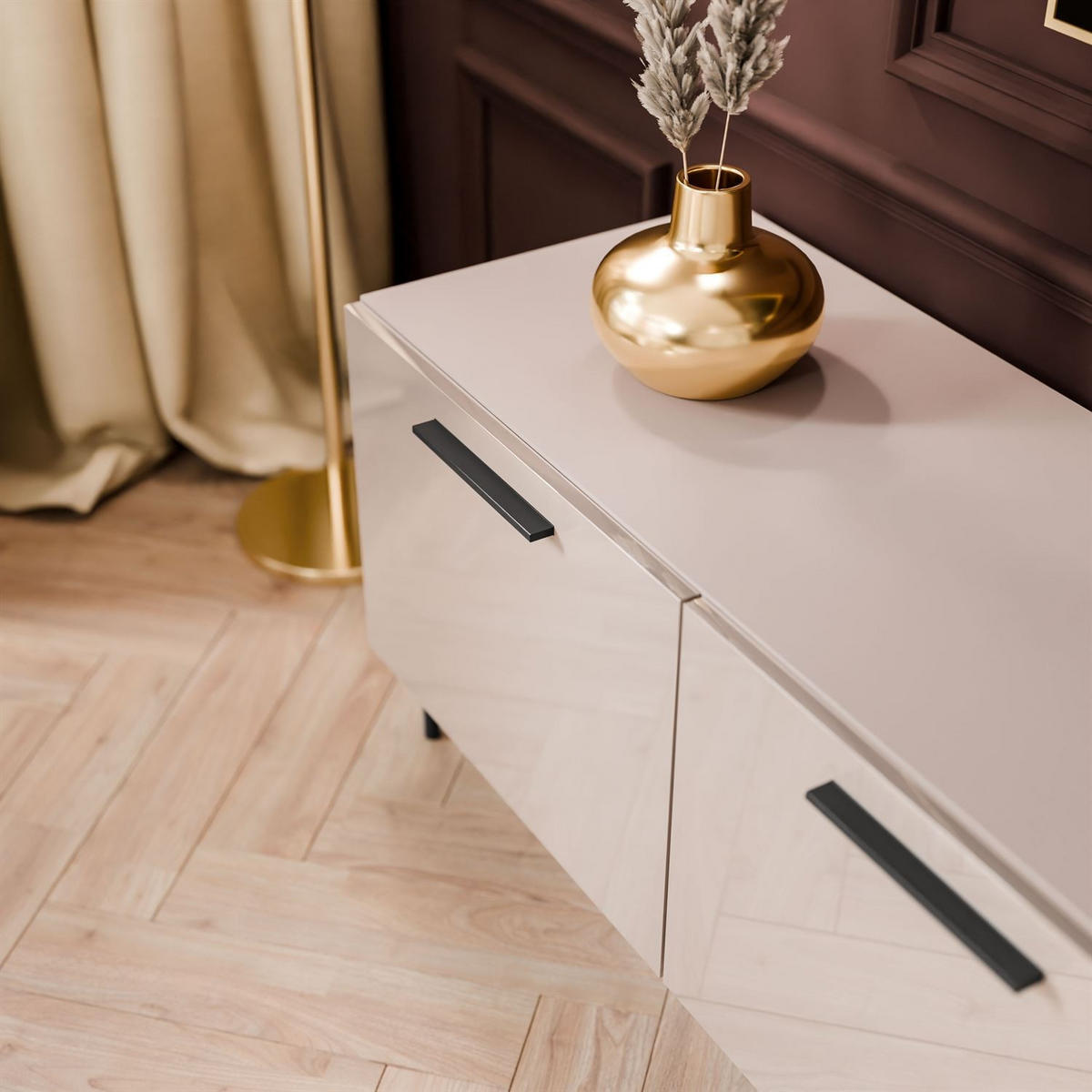 TV-ELEMENT AURA 200 KASCHMIR Hochglanz auf geraden schwarzen Beinen + LED - Kaschmir/Schwarz, Holzwerkstoff (200/50/40cm) - Lookway