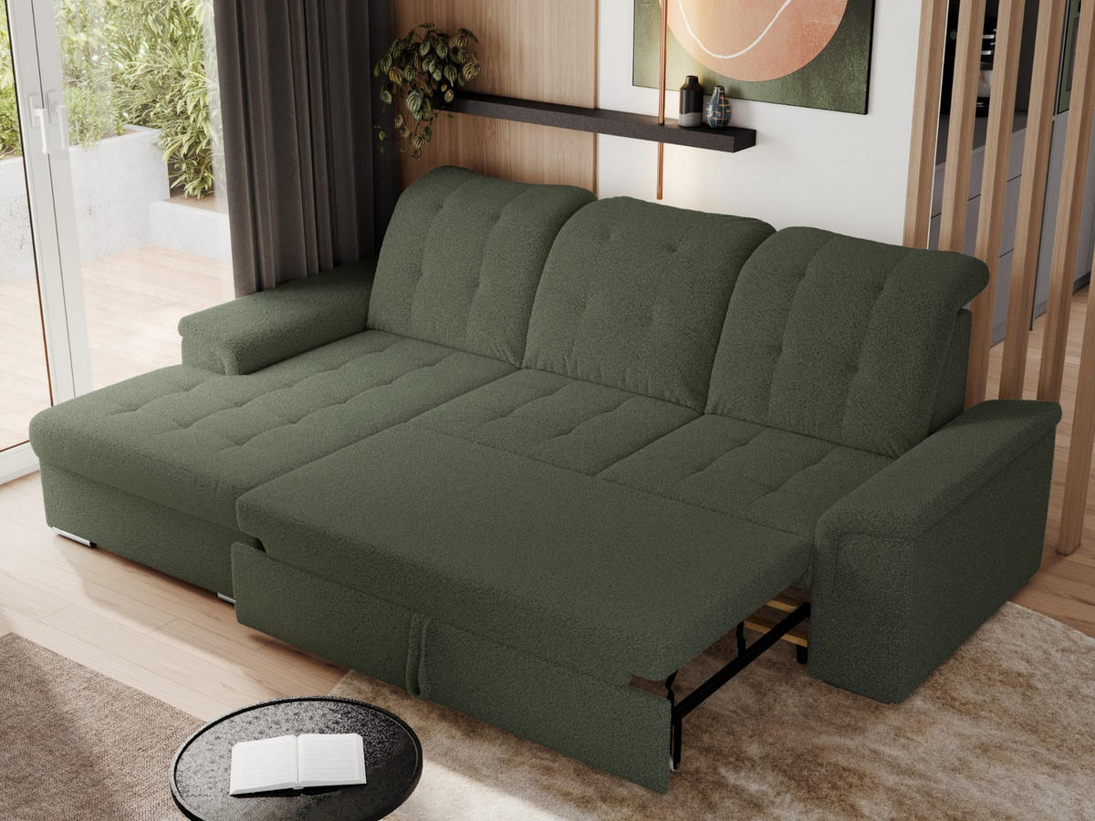 ECKSOFA MADRITO L - Grün Boucle - Links - Silberfarben/Grün, Textil/Metall (160/256cm)