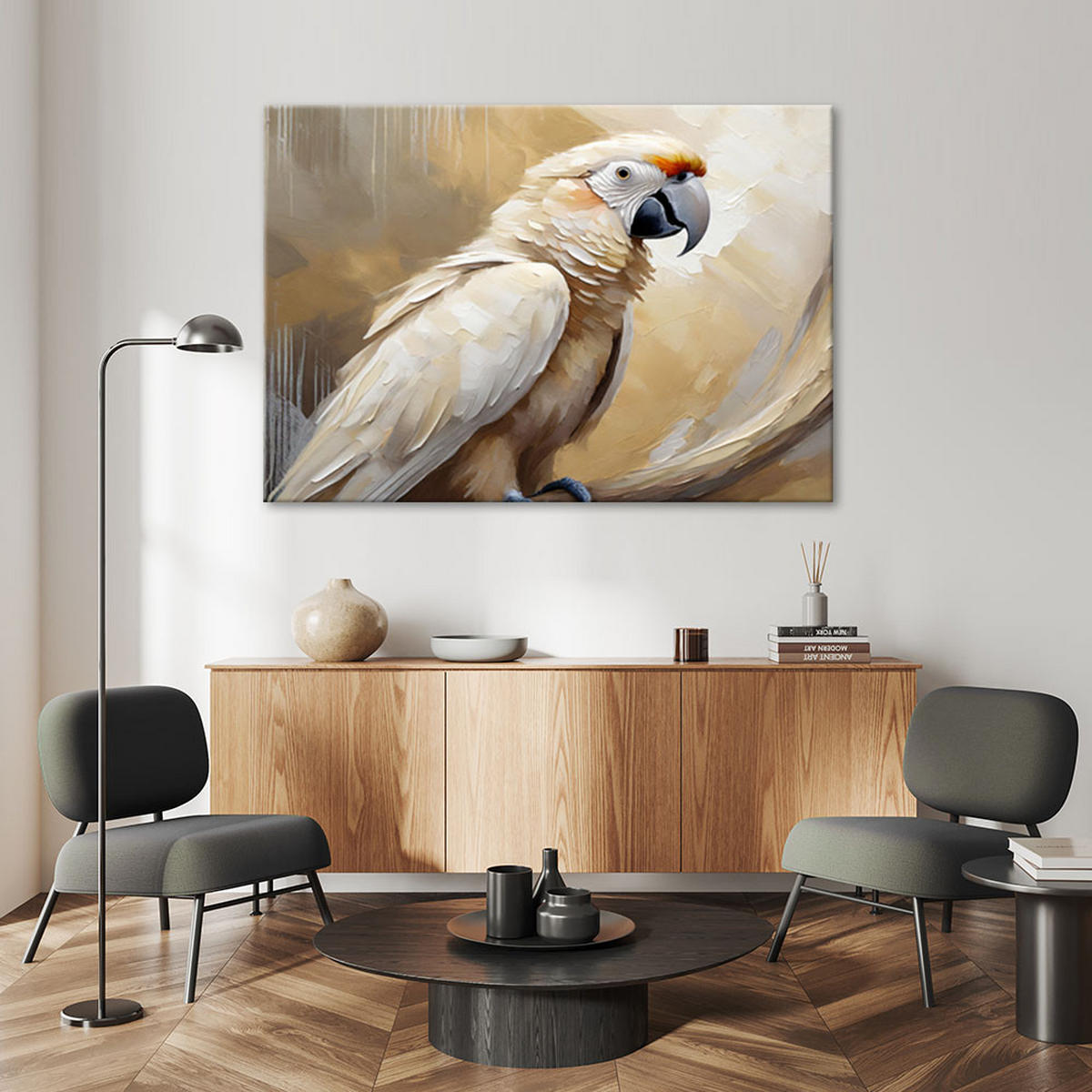 LEINWANDBILD AI Papagei Vogel gemalt - Beige, Textil (120/80cm) - Feeby