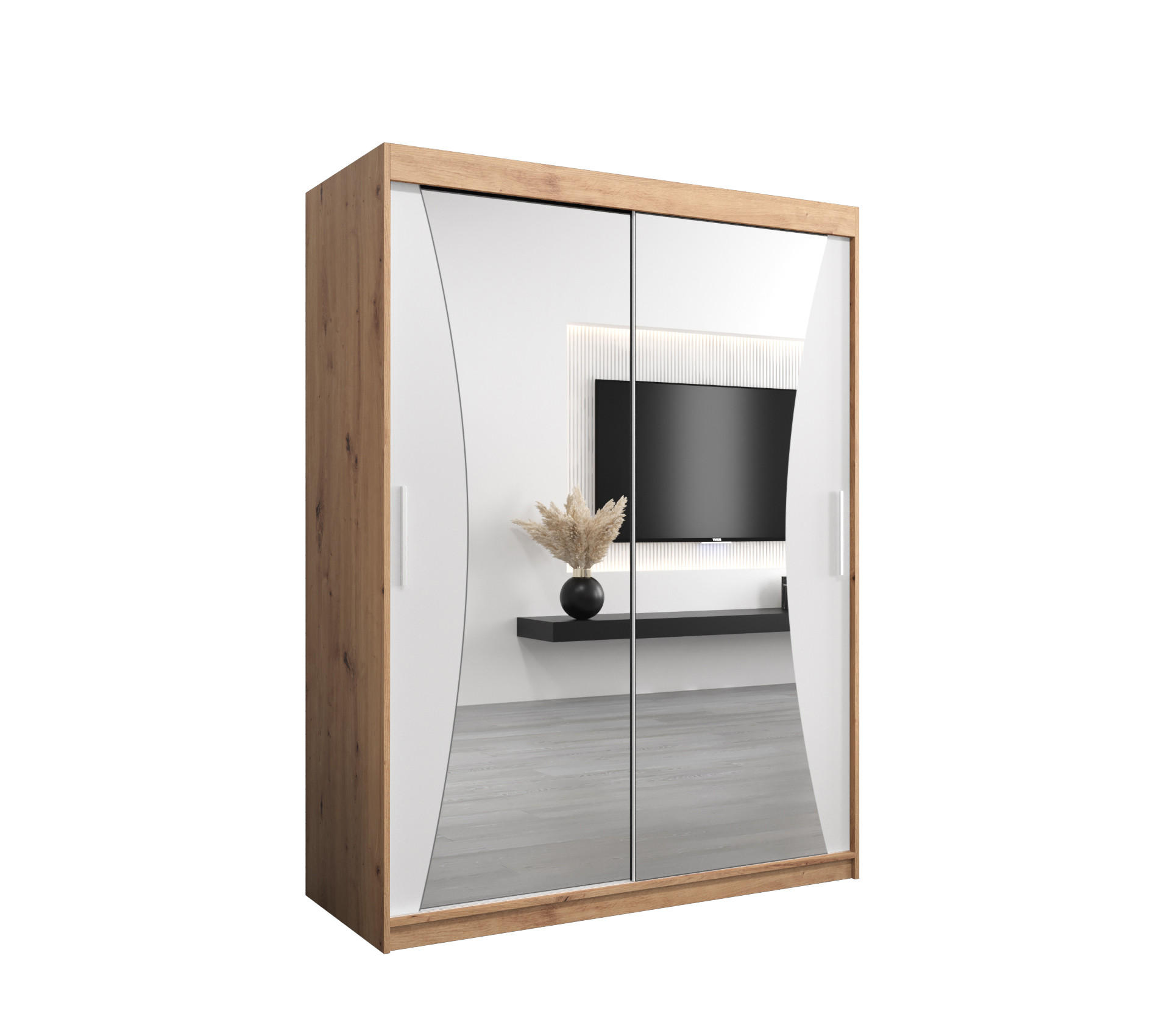 Abiks Möbel SCHWEBETÜRENSCHRANK Eiche Artisan, Weiß 150cm × 62cm × 200cm