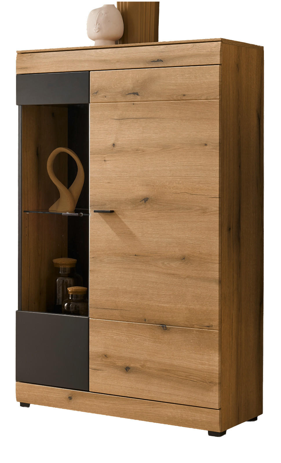 VITRINE in Eiche, grau 90 x 151 cm, Highboard mit Soft-Close - Kaschmir/Eichefarben, Glas/Holzwerkstoff (90/141/35cm) - Furn.Design