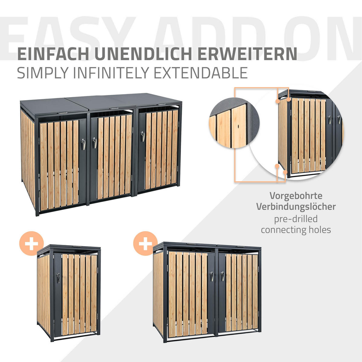 MÜLLTONNENBOX 3er Anthrazit-Lärchenoptik - Naturfarben, Metall (80/116.3/200cm) - ML-DESIGN