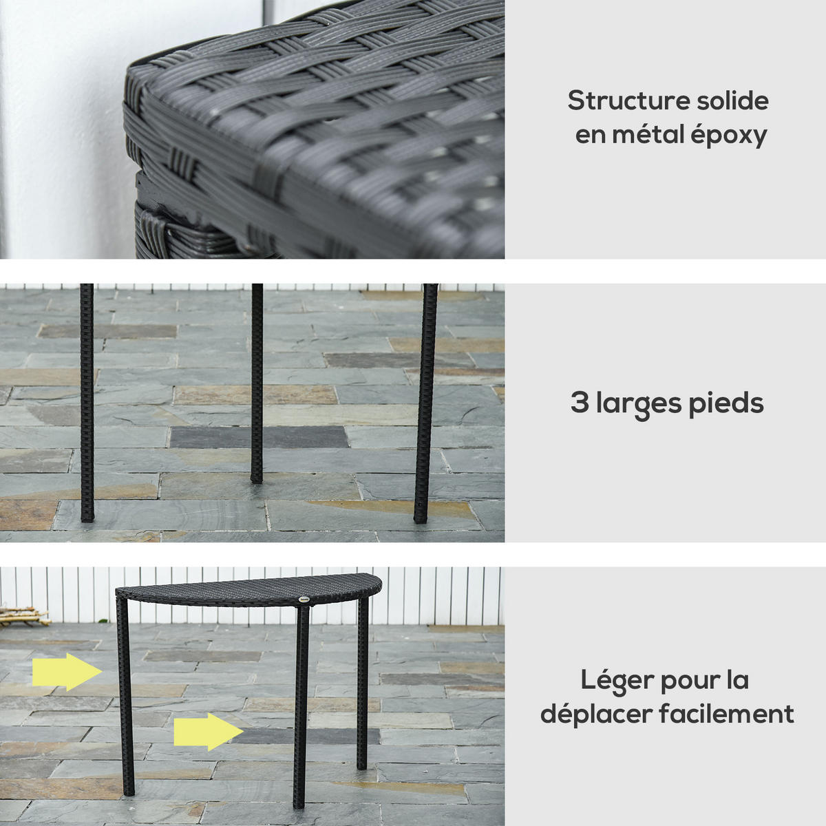 GARTENBEISTELLTISCH DE-13555 halbrund für Balkon Schwarz - Schwarz, Kunststoff/Metall (100/50/74cm) - ComfortXL