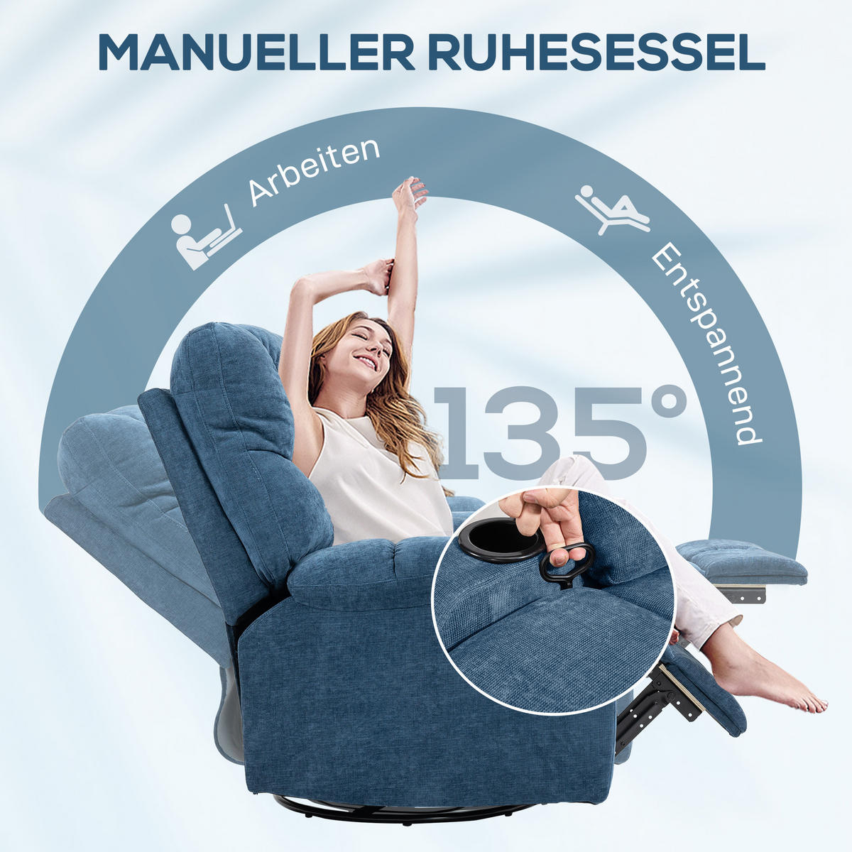 RELAXSESSEL Drehbar Fernsehsessel mit Liegefunktion, Schaukelfunktion Dunkelblau - Blau/Schwarz, Textil/Metall (96/108/88cm) - HOMCOM