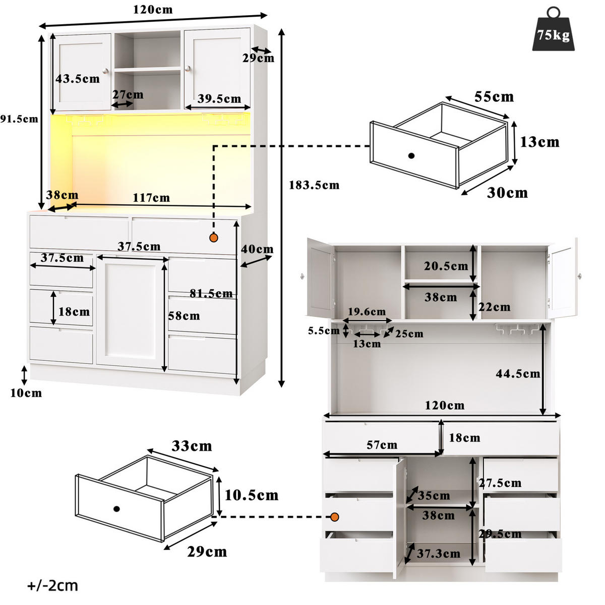 BUFFET 120/40/183,5 cm aus MDF mit LED-Beleuchtung und 8 Schubladen Weiß - Weiß, Holzwerkstoff (120/183.5/40cm) - Modenvie