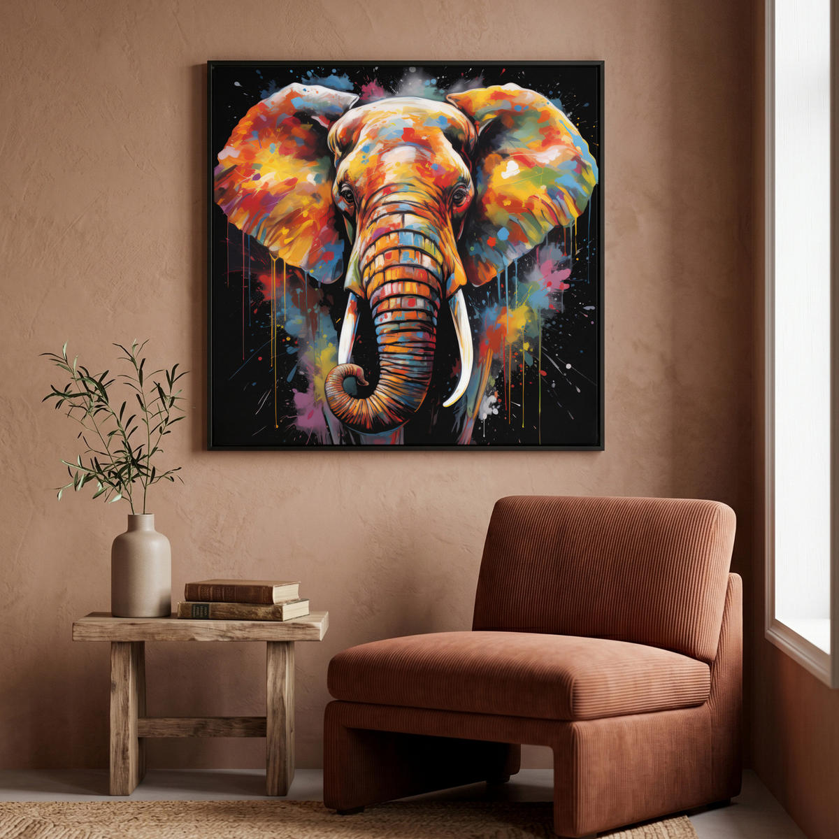 LEINWAND Bilder mit Rahmen - Elefant - Graffiti - Schwarz - Tiere - Farben - 90x90 - Schwarz, Textil (90/90cm) - MuchoWow