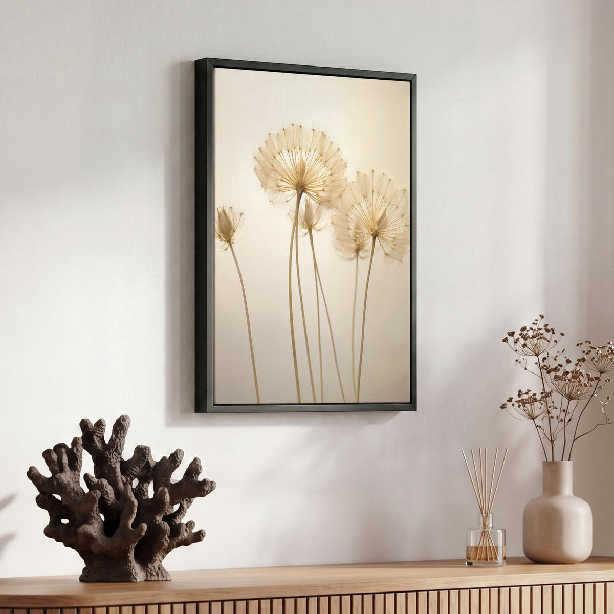 LEINWAND Bilder mit Rahmen - Sonnenlicht - Löwenzahn - Botanisch - Blumen - 30x40 - Creme, Textil (30/40cm) - MuchoWow