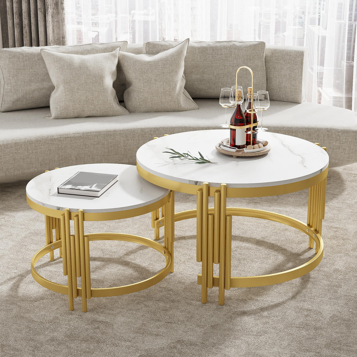 COUCHTISCH-SET in Weiß und Gold mit Marmoroptik und Metallrahmen für Wohnzimmer, B71,5/T71,5/H44 cm - Goldfarben/Weiß, Holzwerkstoff/Metall (71.5/71.5/44cm) - STILVORA