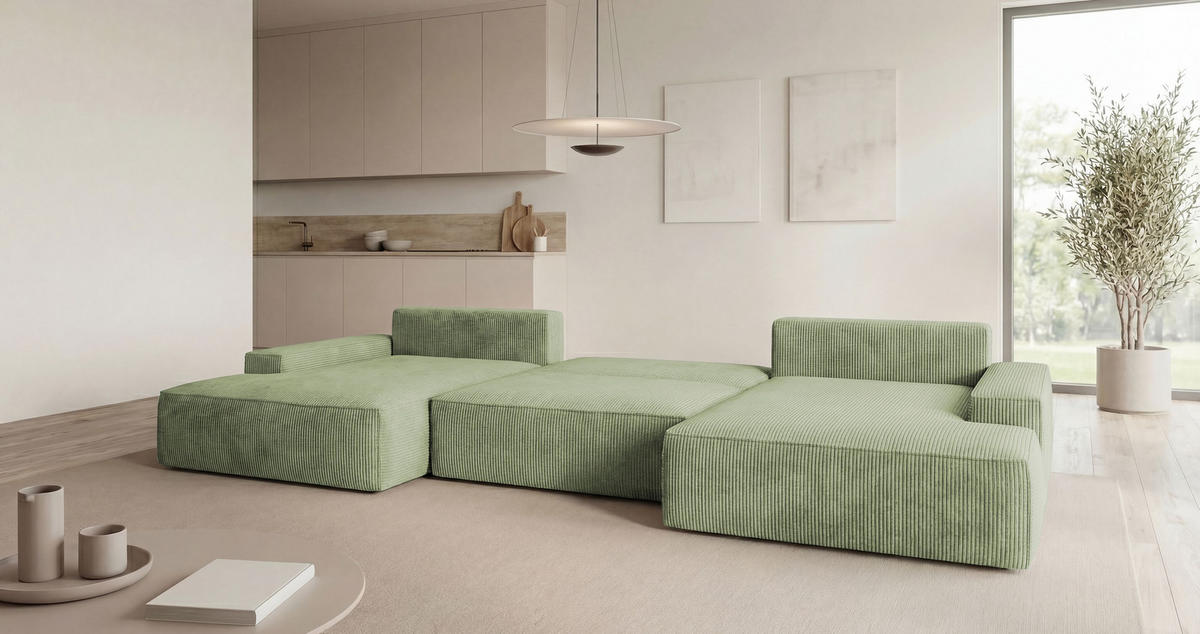 WOHNLANDSCHAFT VERONA U-Form hellgrün Cord Poso 47 - Schlaffunktion, Bettkasten - Hellgrün, Textil (385/86/185cm) - Cornero