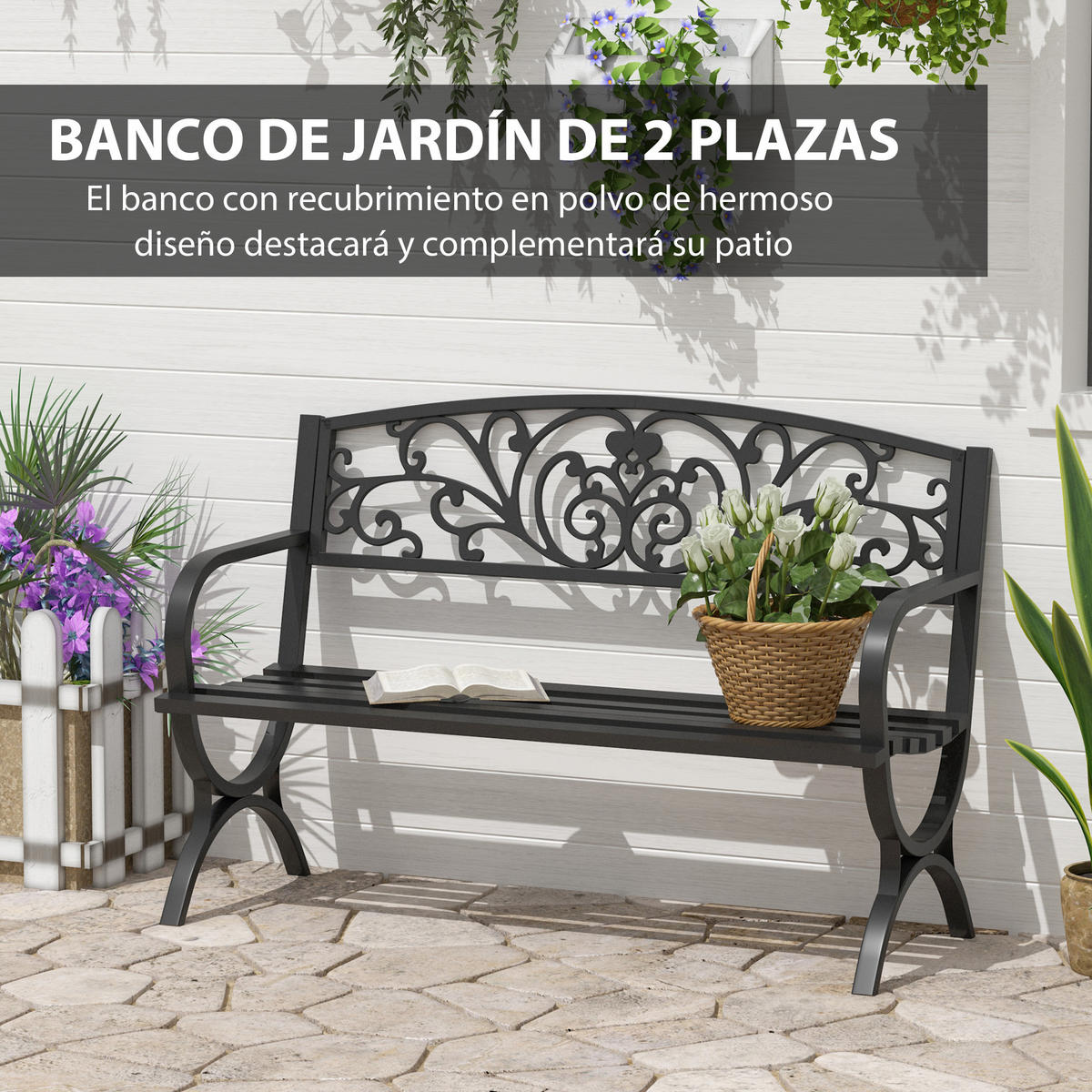 GARTENBANK,2-SITZER Eisen Blumenmuster,schwarz - Schwarz, Metall (127/85/60cm) - Vallsero