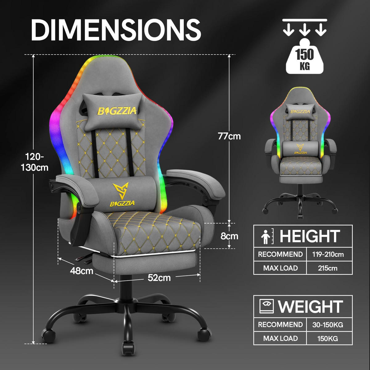 GAMINGSTUHL Grau,mit RGB LED, Ergonomisch, Verstellbar, PU-Leder - Grau, Metall (81/54/26cm) - Rattrix