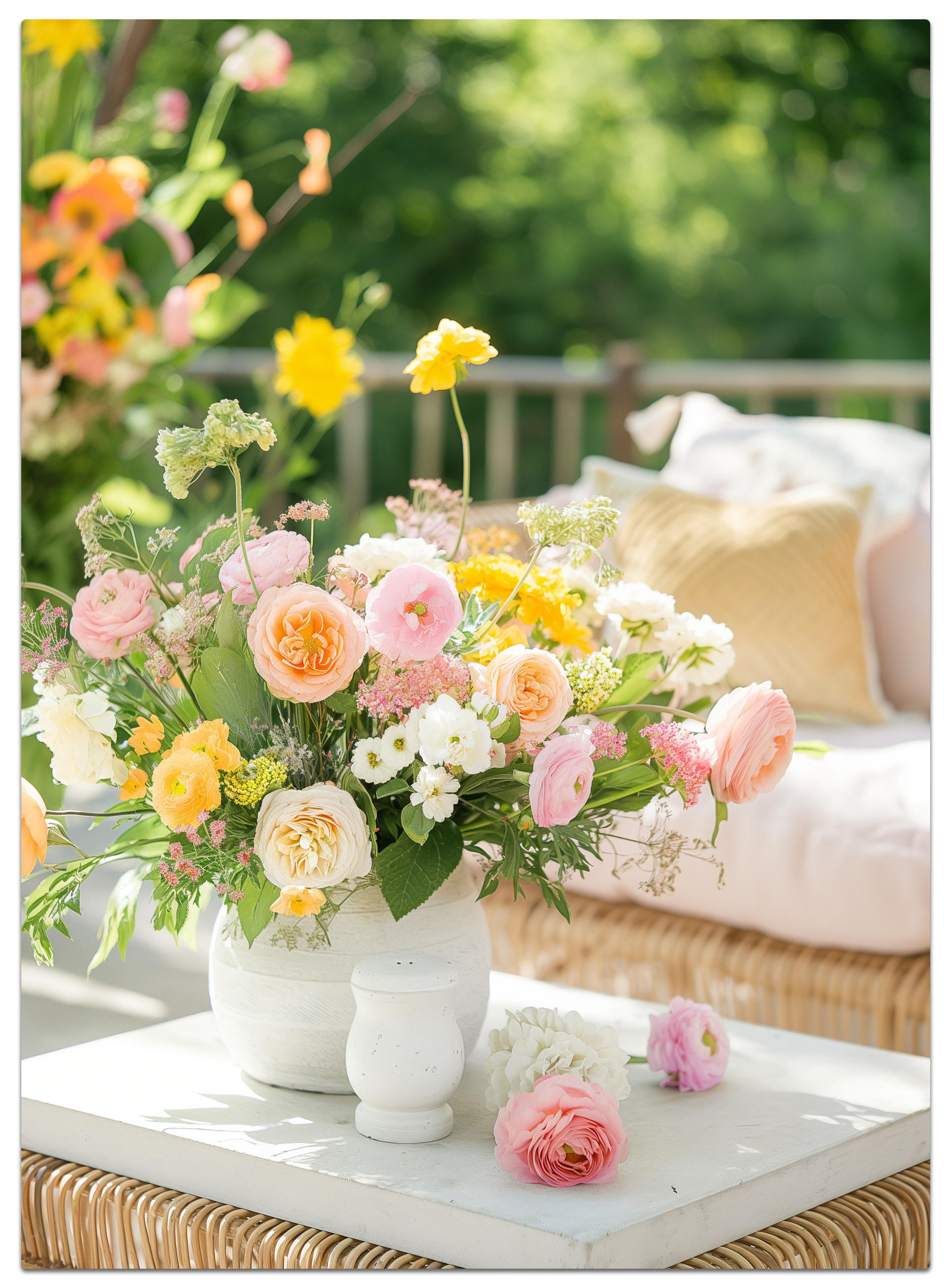 Weißer Vase mit pinken und gelben Blumen, die elegant auf einem Tisch arrangiert sind.