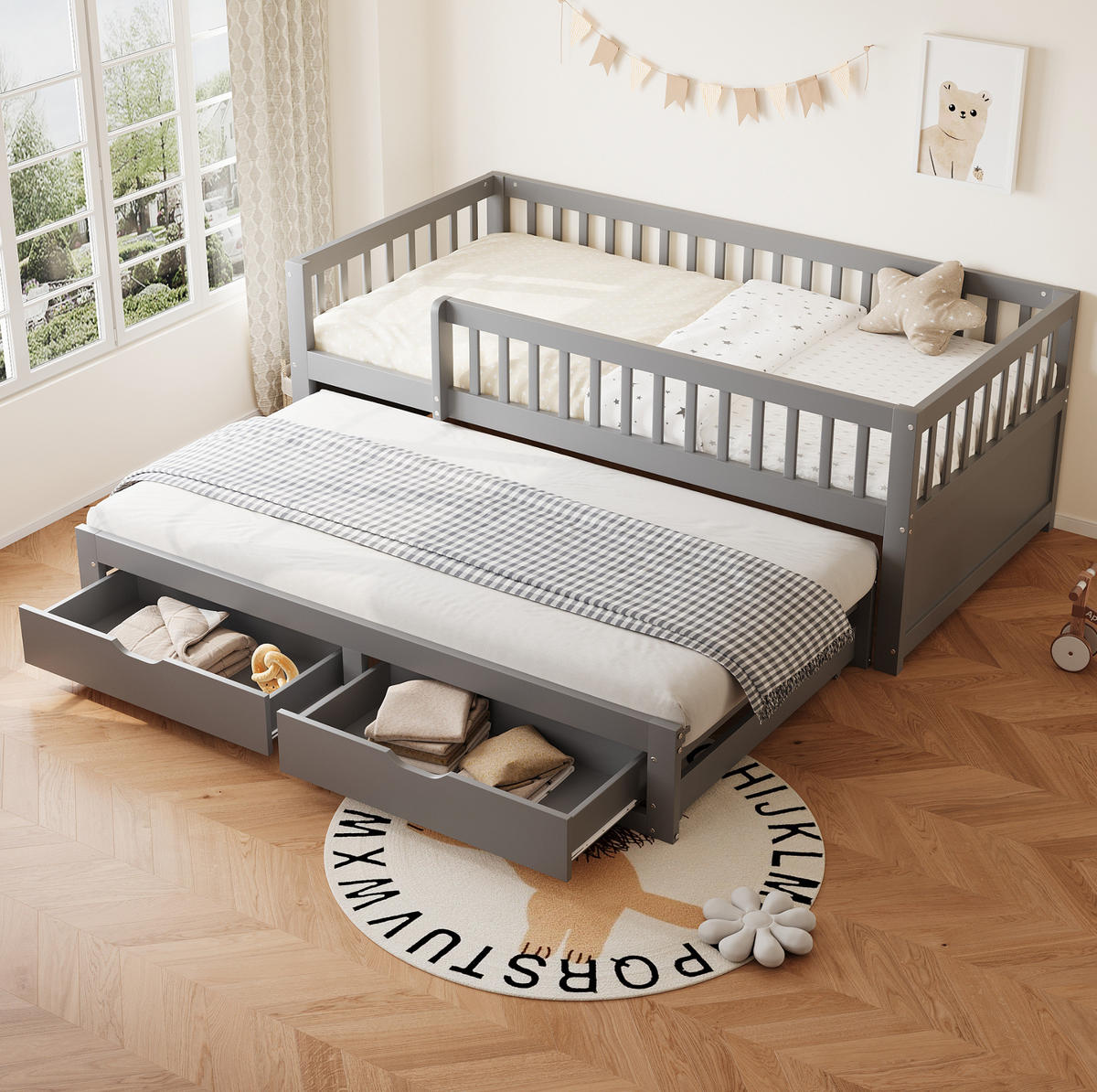 SCHLAFSOFA 90/200 cm mit Ausziehbett, 2 Schubladen und Rundum-Sicherheitsgitter, Grau - Grau, Holzwerkstoff (95/77.5/205cm) - Redom