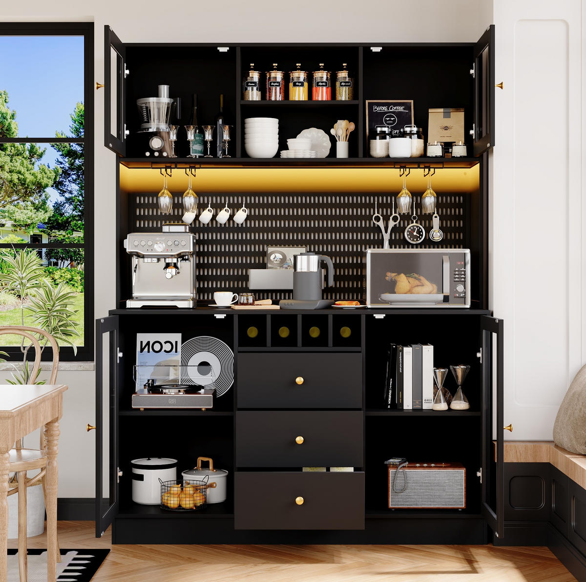 BUFFET 140/40/185,7 cm aus MDF und Glas mit LED-Beleuchtung Schwarz - Schwarz, Holzwerkstoff (140/185.7/40cm) - Modenvie