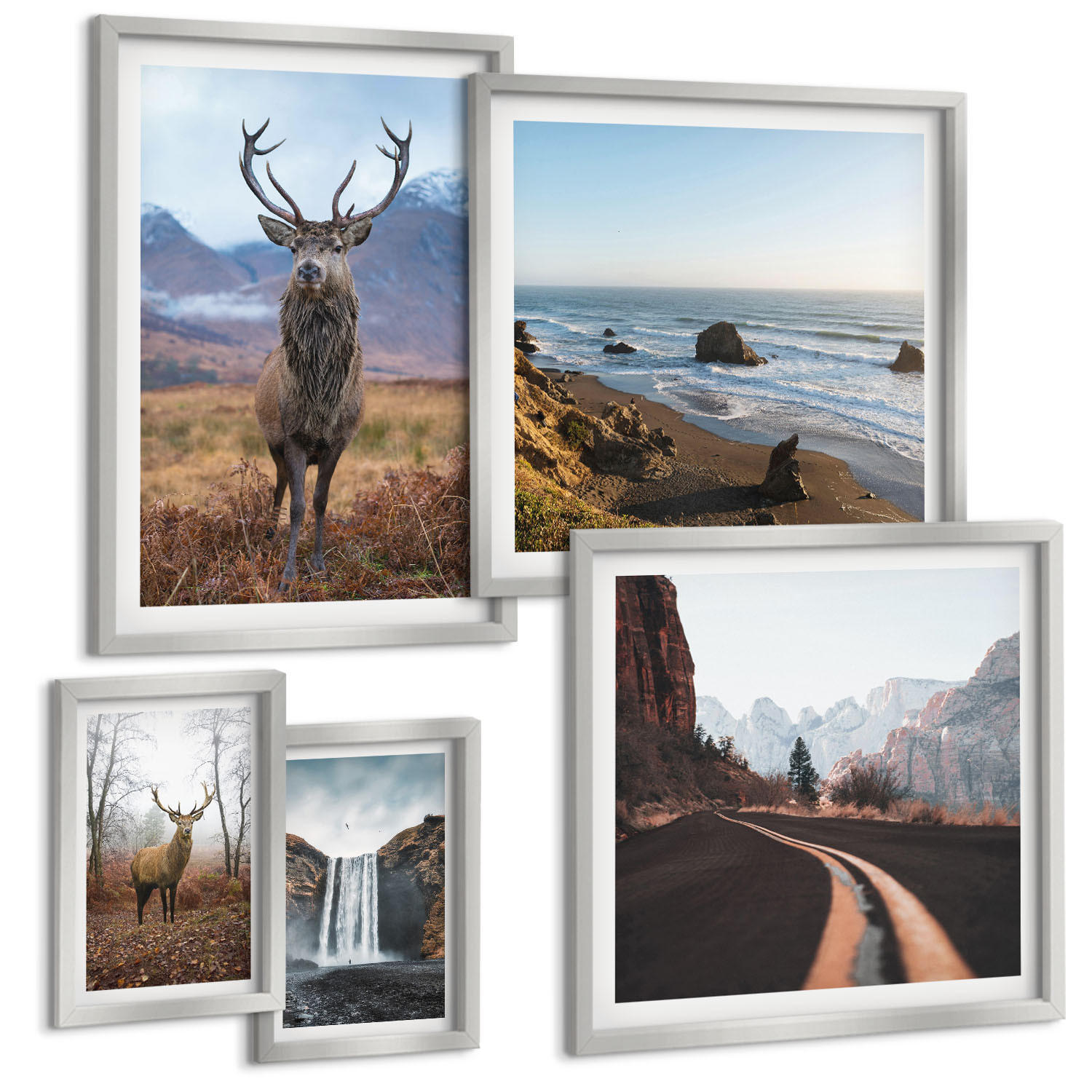 BILDER SET 5er Set - 50x50 cm & 20x30 cm & 40x60 cm Silberner Rahmen - Berglandschaften, Wasserfälle, Hirsche, Strände - Silberfarben, Kunststoff (40/60cm) - TULUP