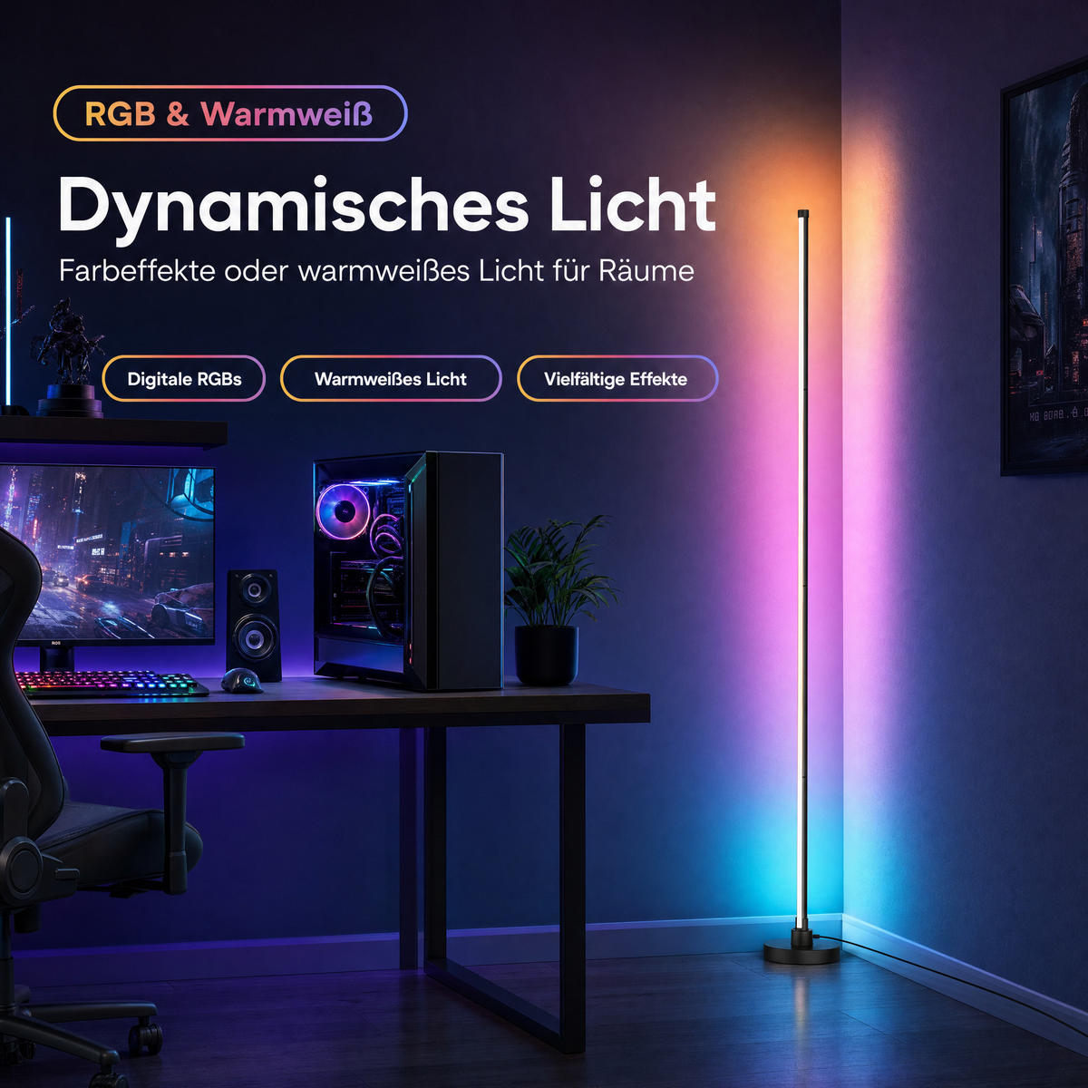 LED-ECKLAMPE mit Fernbedienung integriertem Soundsensor digitale RGBs + Warmweiß Farbeffekte Schwarz - Grau, Kunststoff (15.5/15.5/147.5cm) - Northpoint