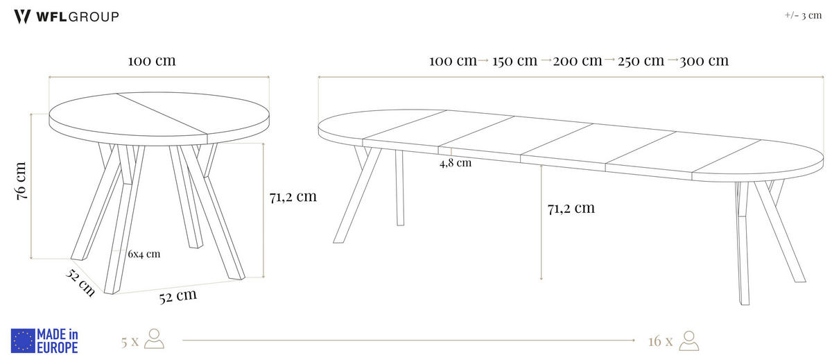 ESSTISCH Twixy XXL groß rund oval ausziehbar, Beton Grau 100-300/100/76 cm - Hellgrau/Weiß, Holz/Holzwerkstoff (100/100/76cm) - WFL GROUP