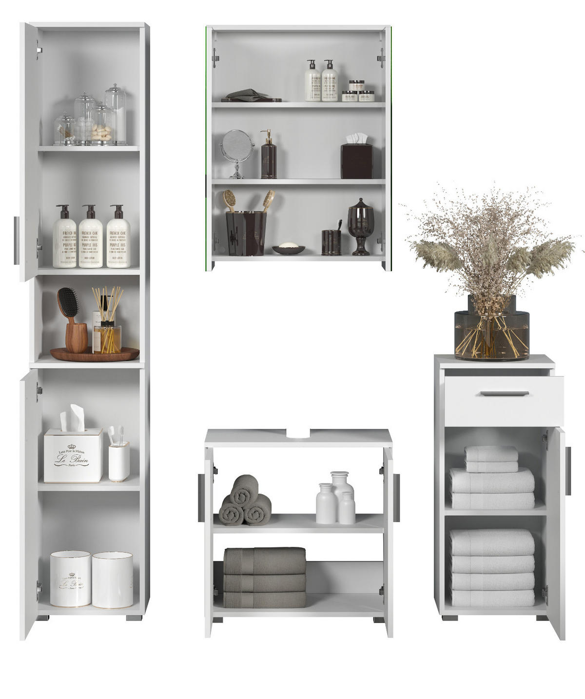BADMÖBEL-SET weiß Hochglanz 4-teilig 164 x 192 cm, moderne Badezimmer-Schränke - Weiß Hochglanz/Silberfarben, Holzwerkstoff/Kunststoff (164/192/32cm) - Top.Furn