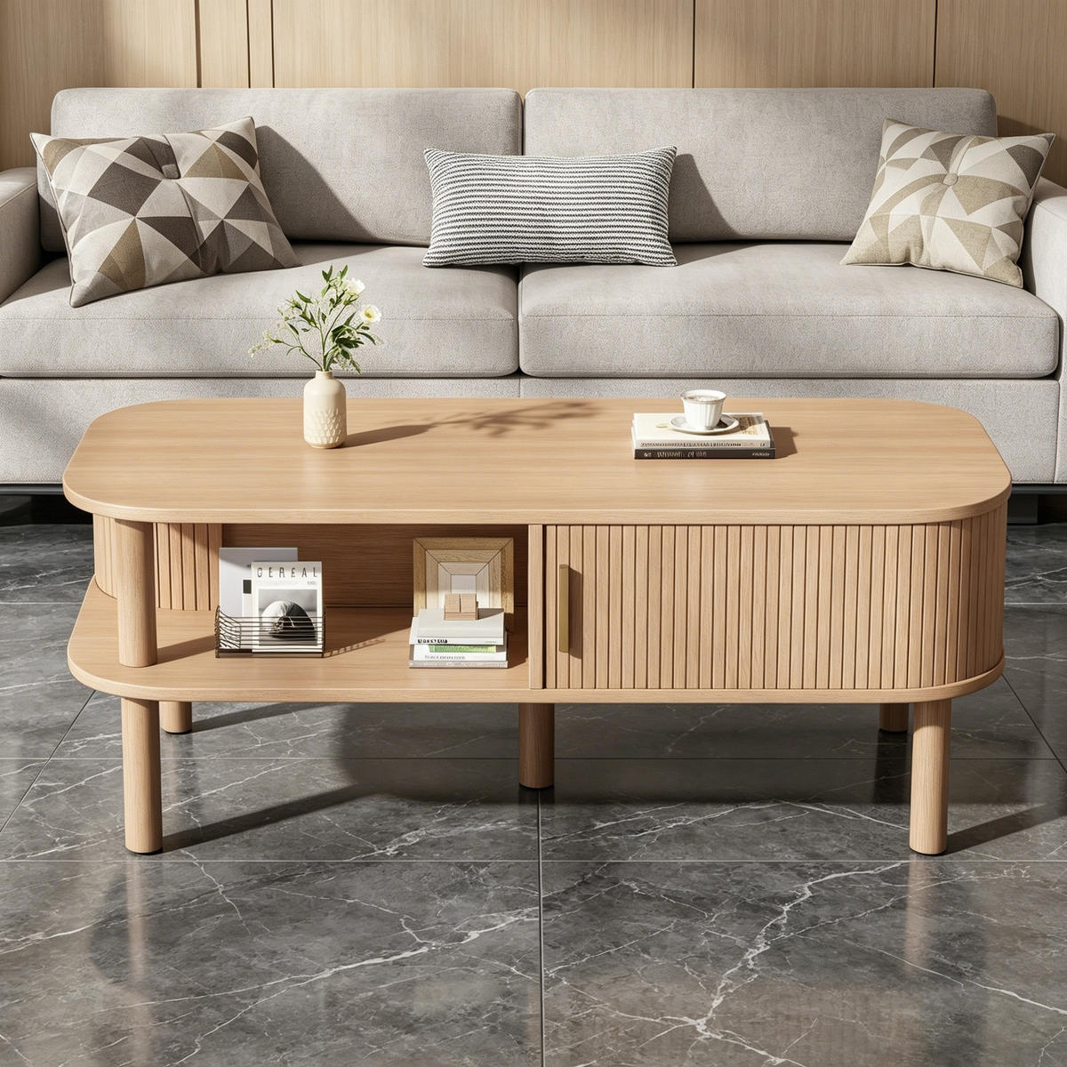 COUCHTISCH in Naturfarben mit Rolltor und offenen Fächern für Wohnzimmer, B110/T55/H45 cm - Naturfarben, Holzwerkstoff (55/110/45cm) - STILVORA