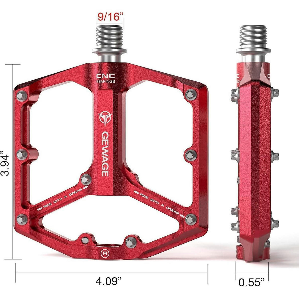 FAHRRADPEDALE Rennrad/Mountainbike CNC-gefräst Rot 9/16 Zoll 3 Lager mit Anti-Rutsch-Nägeln - Rot, Metall (10/1.5/10.4cm)