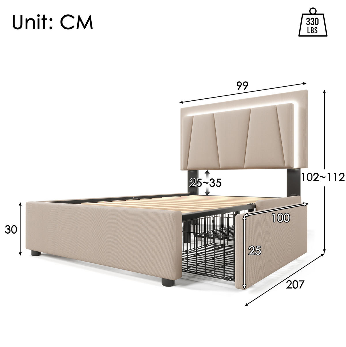 POLSTERBETT 90x200 cm Beige mit Matratze, LED-Beleuchtung, 2 Schubladen und verstellbarem Kopfteil - Beige, Holzwerkstoff (90/200cm) - IVMEU