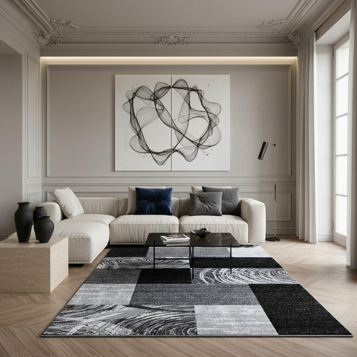 TEPPICH Handwäsche Kurzflor Abstrakte Karos Polypropylen Wohnzimmer Schwarz Rechteckig 240x340 - Schwarz, Textil (240/340cm) - KADIMA DESIGN