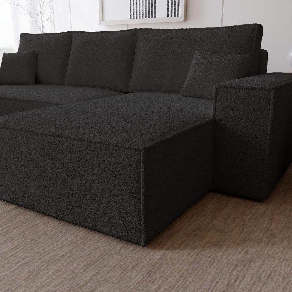 ECKSOFA Bouclé 280 cm Bergamo L mit Bettkasten, Schlaffunktion, Rechts - Schwarz - Schwarz, Holz (189/277cm) - Emporius