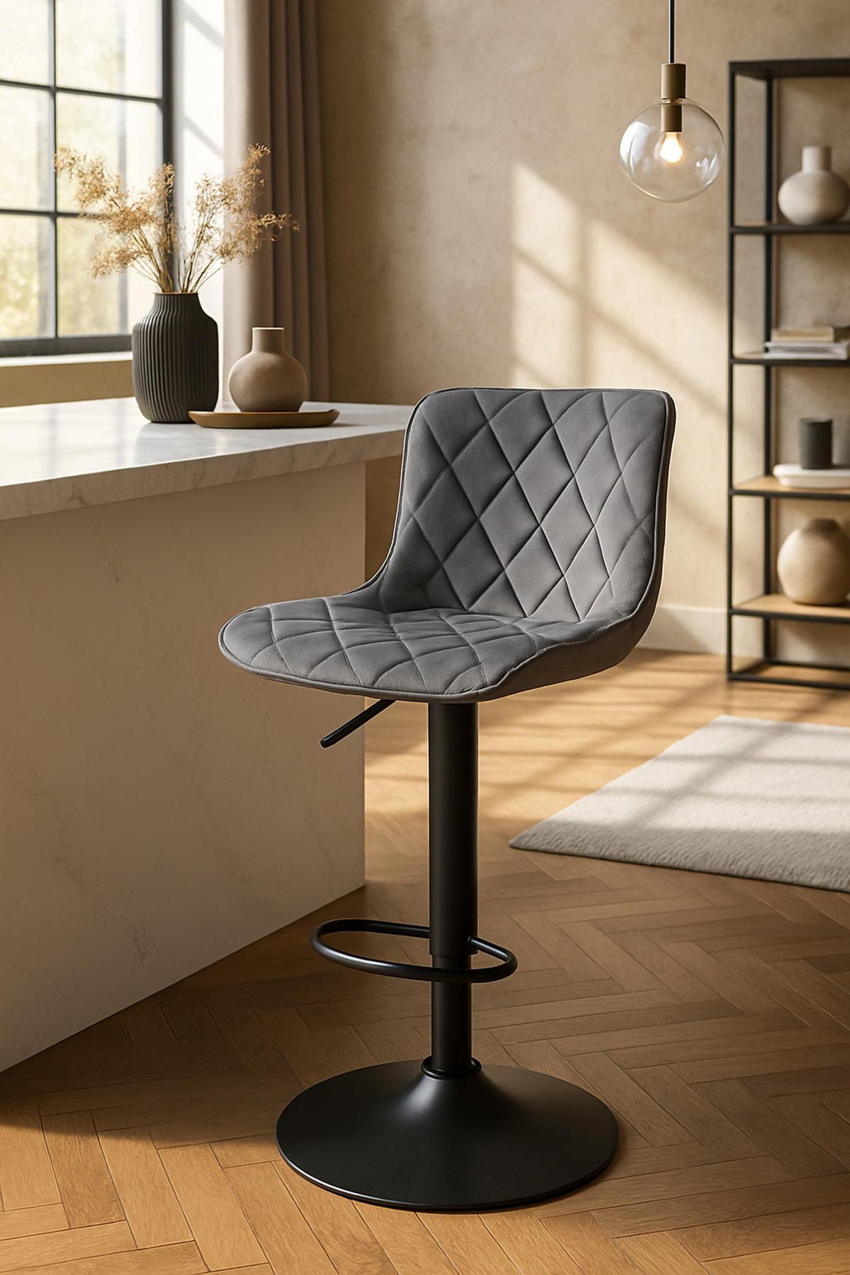 BARHOCKER Emil Samt dunkelgrau - Schwarz/Grau, Textil/Metall (48/107/54cm) - TPFLiving