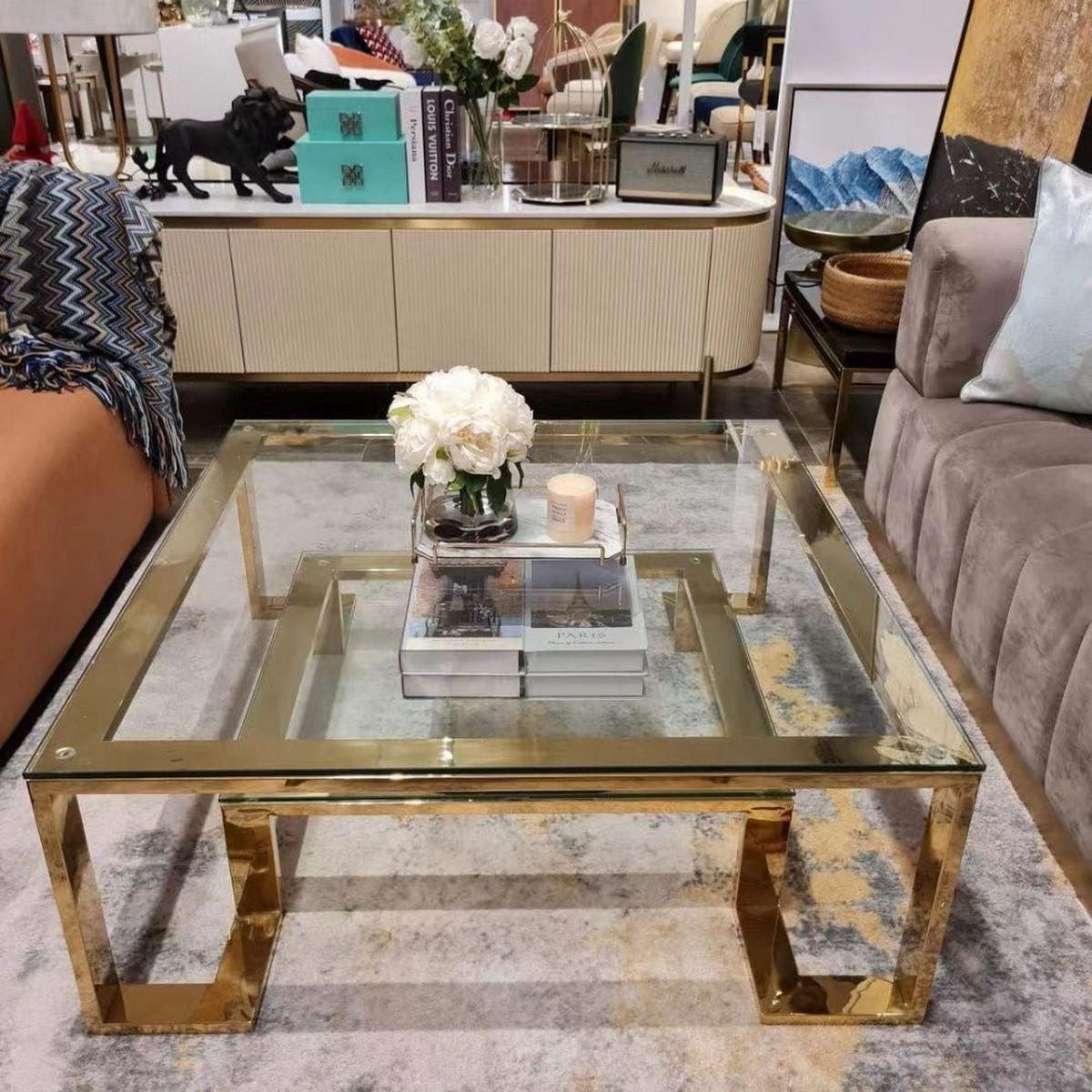 DESIGN-COUCHTISCH "AUREA" – Quadratischer Glas-Wohnzimmertisch mit geometrischem Gold-Gestell - Goldfarben, Glas (100/100/45cm) - alesvelt