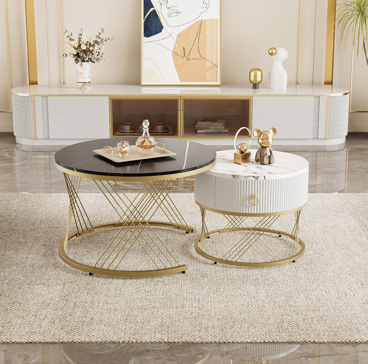 KOMMODE, 2-teiliges Couchtisch-Set aus MDF in Marmor-Optik mit Goldakzenten, 70/70/45 + 50/50/40 cm, Weiß und Gold und Schwarz - Schwarz, Holzwerkstoff (70/70/45cm) - Redom