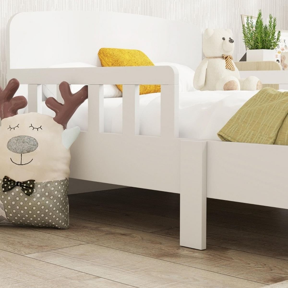 KINDERBETT 70/140 cm mit doppelseitigen Schutzschienen, niedrigem Profil und schneller Montage - Weiß, Holz (70/140cm) - MIVRAY