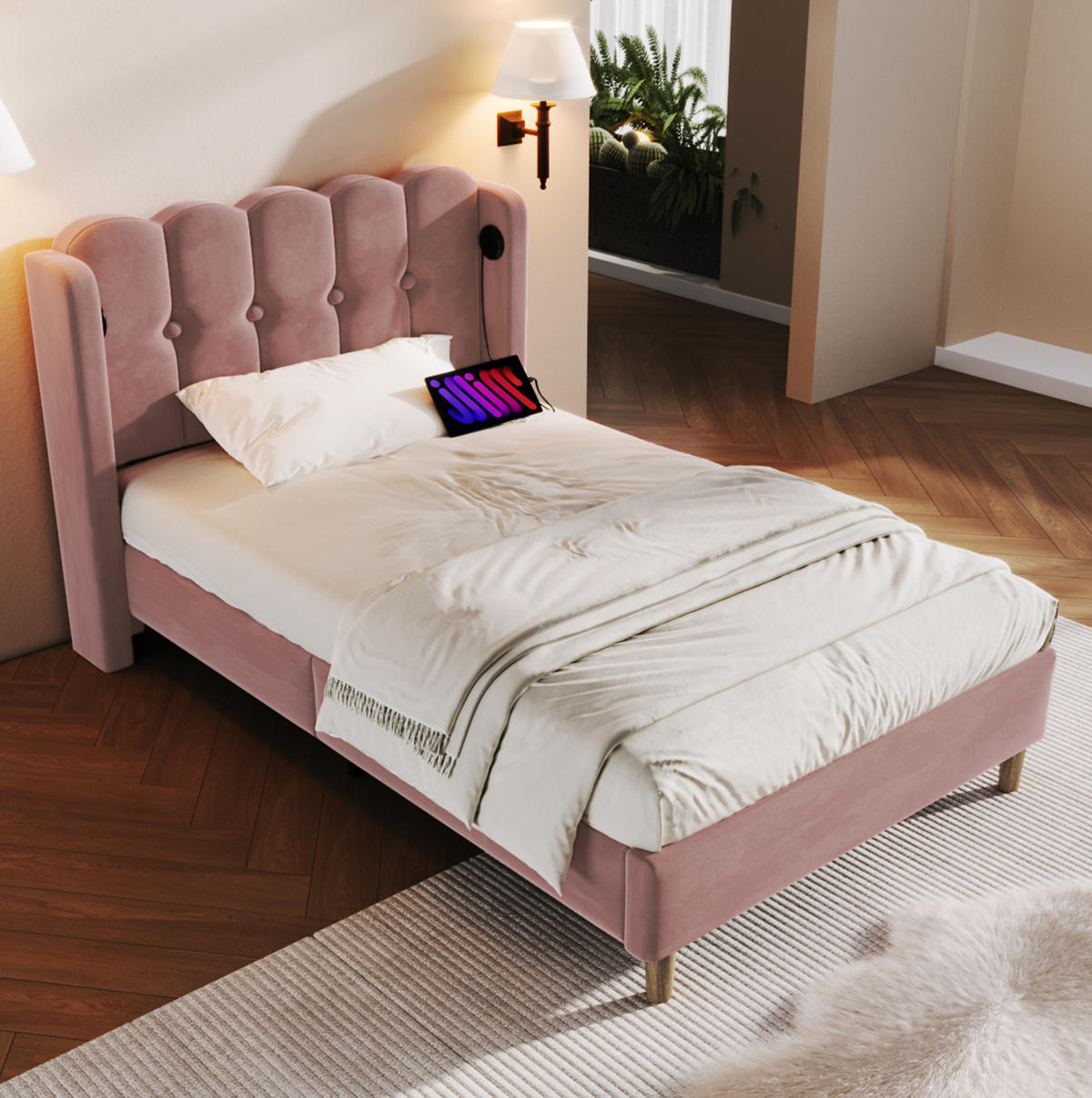 POLSTERBETT 90/200 cm mit USB- und Typ-C-Anschluss, Lattenrost und Matratze, Samtbezug mit Paneel-Kopfteil, Rosa - Rosa, Textil (90/200cm) - Redom