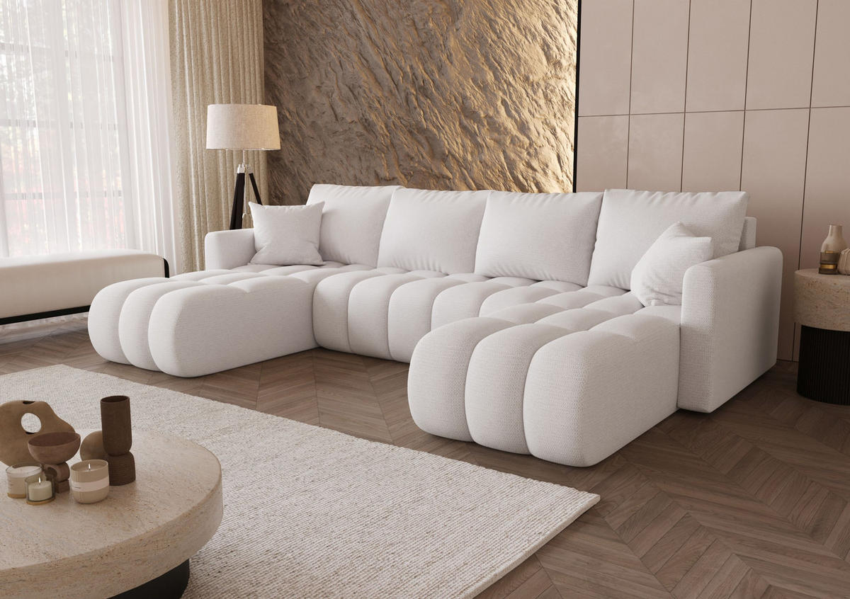 WOHNLANDSCHAFT GARDA U-Form weiß Strickstoff Aragon 1 - Schlaffunktion, Bettkasten - Weiß, Textil (305/88/150cm) - Cornero