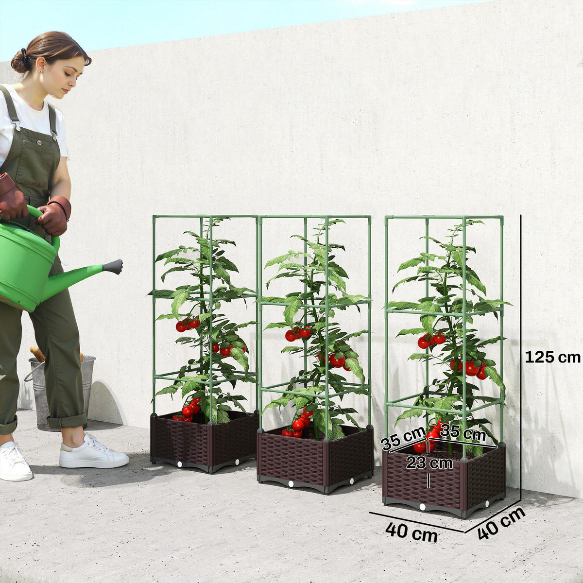 HOCHBEET mit Rankgitter 3er Set Pflanzkasten Blumenkasten mit Abflusslöchern - Grün, Metall (40/125/40cm) - Outsunny