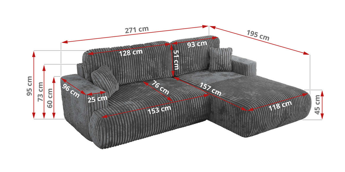 ECKSOFA OVO L Dunkelgrau Cord - Links Seite - Dunkelgrau/Schwarz, Kunststoff/Textil (271/195cm) - MKS