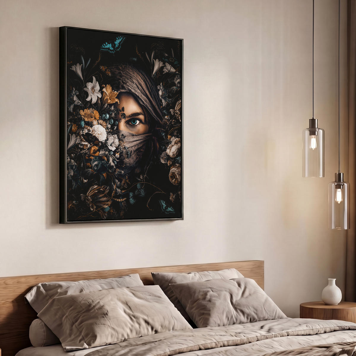 LEINWAND Bilder mit Rahmen - Frau - Luxus - Blumen - Schmetterling - Porträt - 70x100 - Schwarz, Textil (70/100cm) - MuchoWow