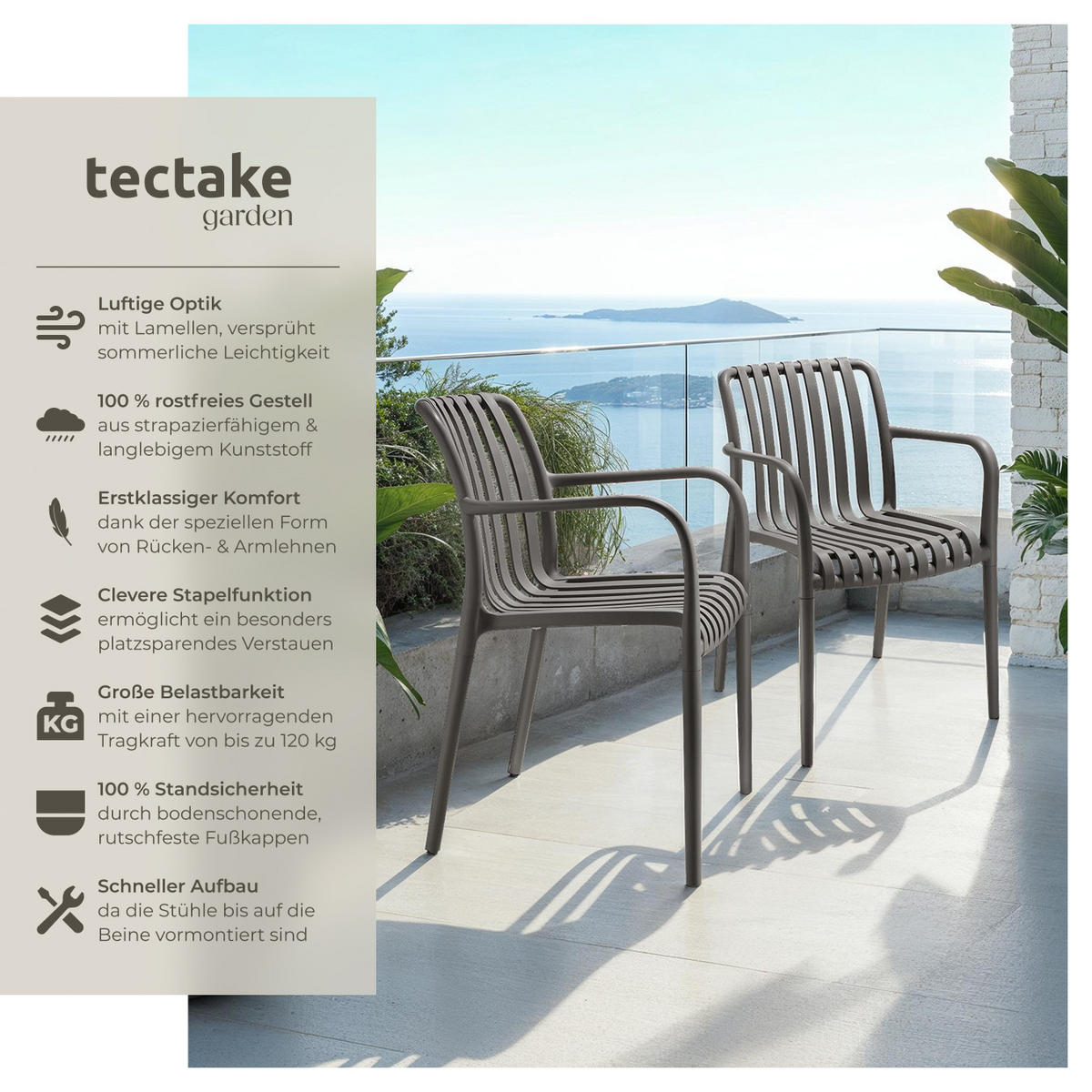 GARTENSTÜHLE Alcudia,54,5 x 58 x 80,5 cm, Belastbarkeit 120 kg, anthrazit - Anthrazit, Kunststoff/Textil (54.5/80.5/58cm) - tectake