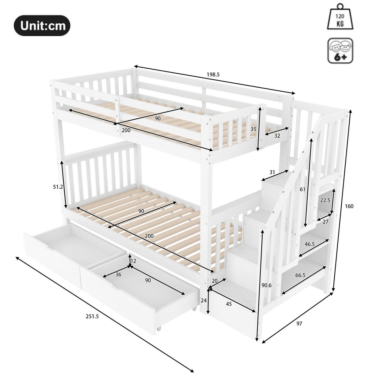 ETAGENBETT 90x200cm Weiß mit 2 Schubladen EN747-1 Treppenregal - Weiß, Holz (90/200cm) - FLIEKS