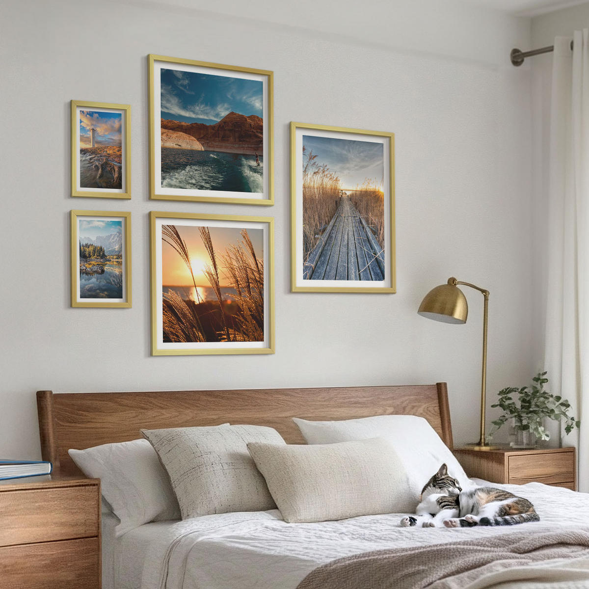 BILDER SET 5er Set - 50x50 cm & 20x30 cm & 40x60 cm Goldrahmen - Leuchtturm-Grassteg - Goldfarben, Kunststoff (40/60cm) - TULUP