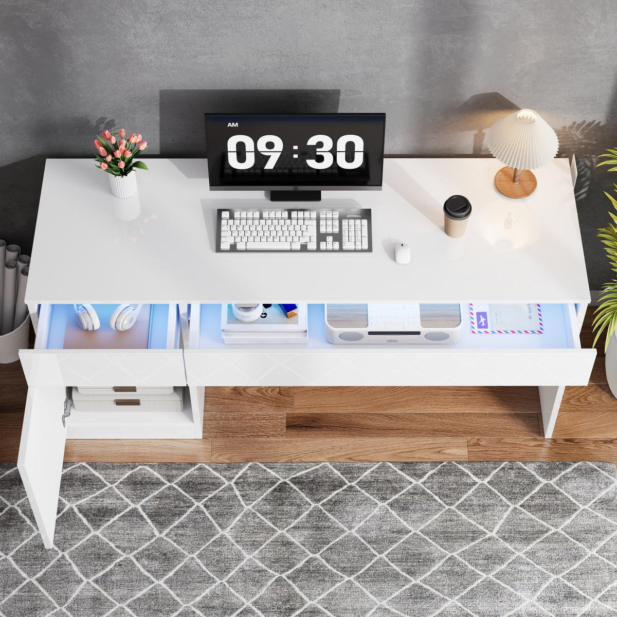 SCHREIBTISCH Weiß Hochglanz 120/50/78 cm mit LED-Beleuchtung und Schubladen - Weiß, Holzwerkstoff (50/120/78cm) - PANGIVO