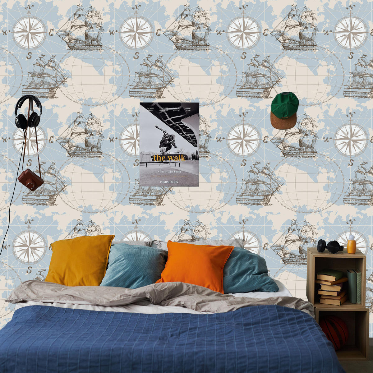 VLIESTAPETE Segelschiffe, Weltkarte und Kompass – Hellblau, Beige – 50x1000 cm - Beige/Hellblau, Papier (50/1000cm) - Muralo