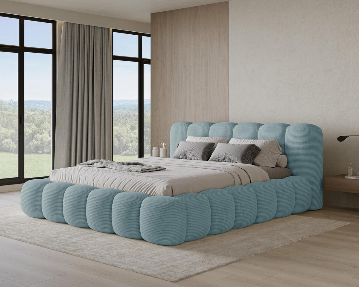 POLSTERBETT 200x200 mit Bettkasten, Lattenrost und Kopfteil, Poso Cord-Stoffbezug Türkis - Türkis, Holz (200/200cm) - Chilly